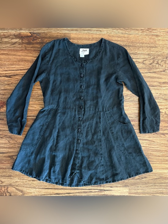 Flax Dresses & Skirts - FLAX linen charcoal black dress, long sleeves, button down above knee size small